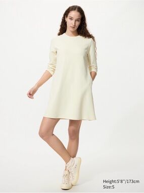 Off White Long-Sleeve A-Line Jersey Dress with Pockets